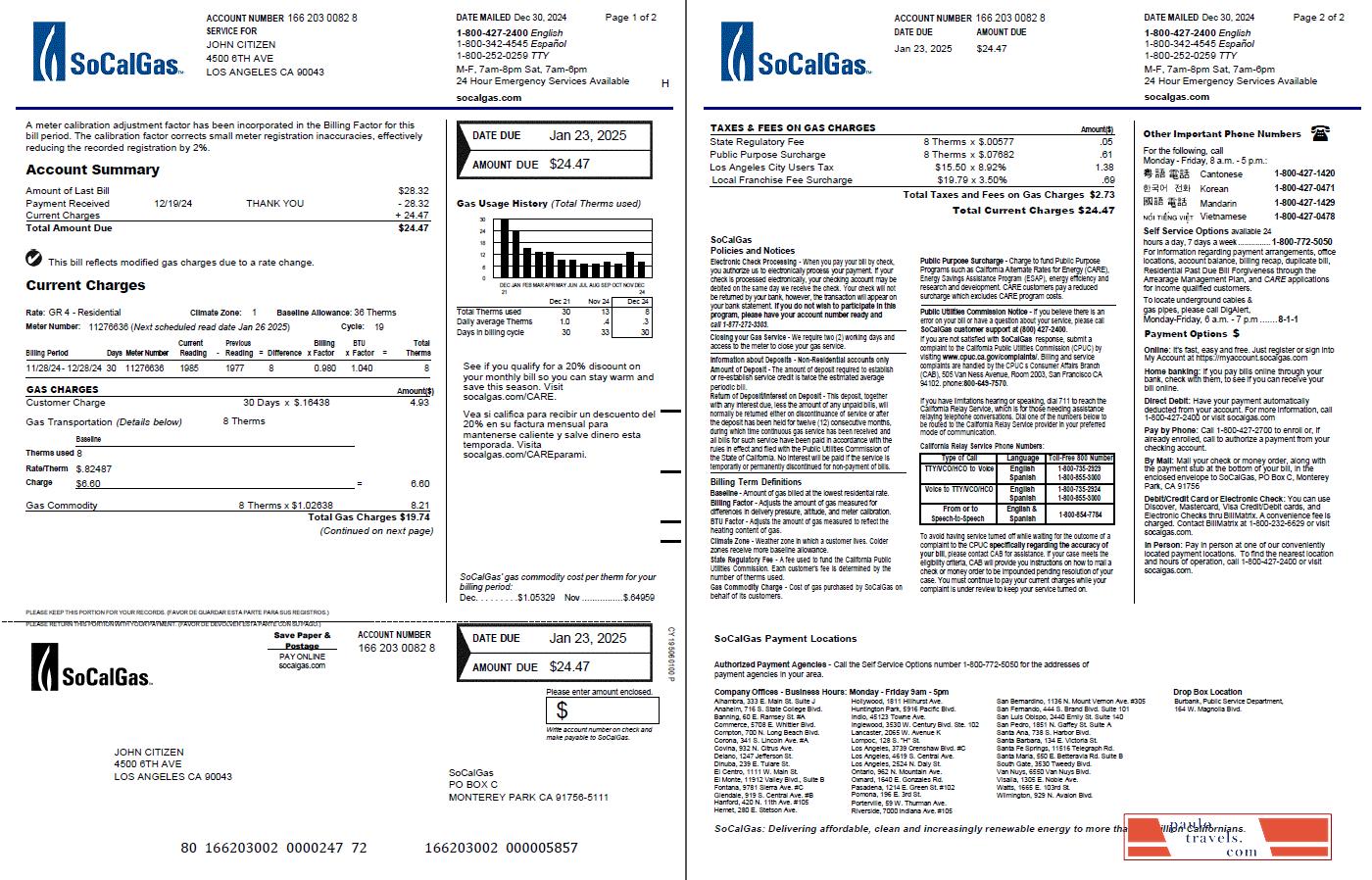 USA So Cal Gas utility bill template in Word and PDF formats, 2 pages, version 4